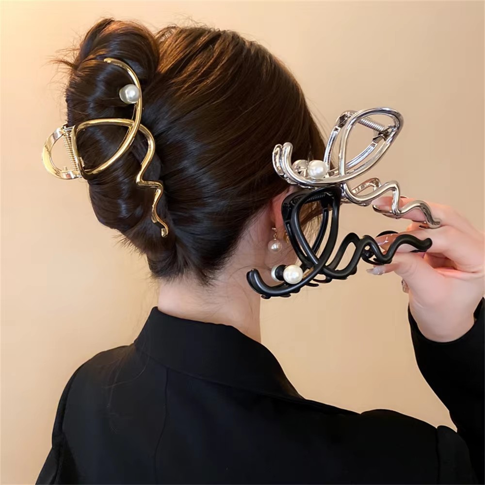 Women Accessories Sale - 빅 웨이브 펄 헤어핀 메탈 클로