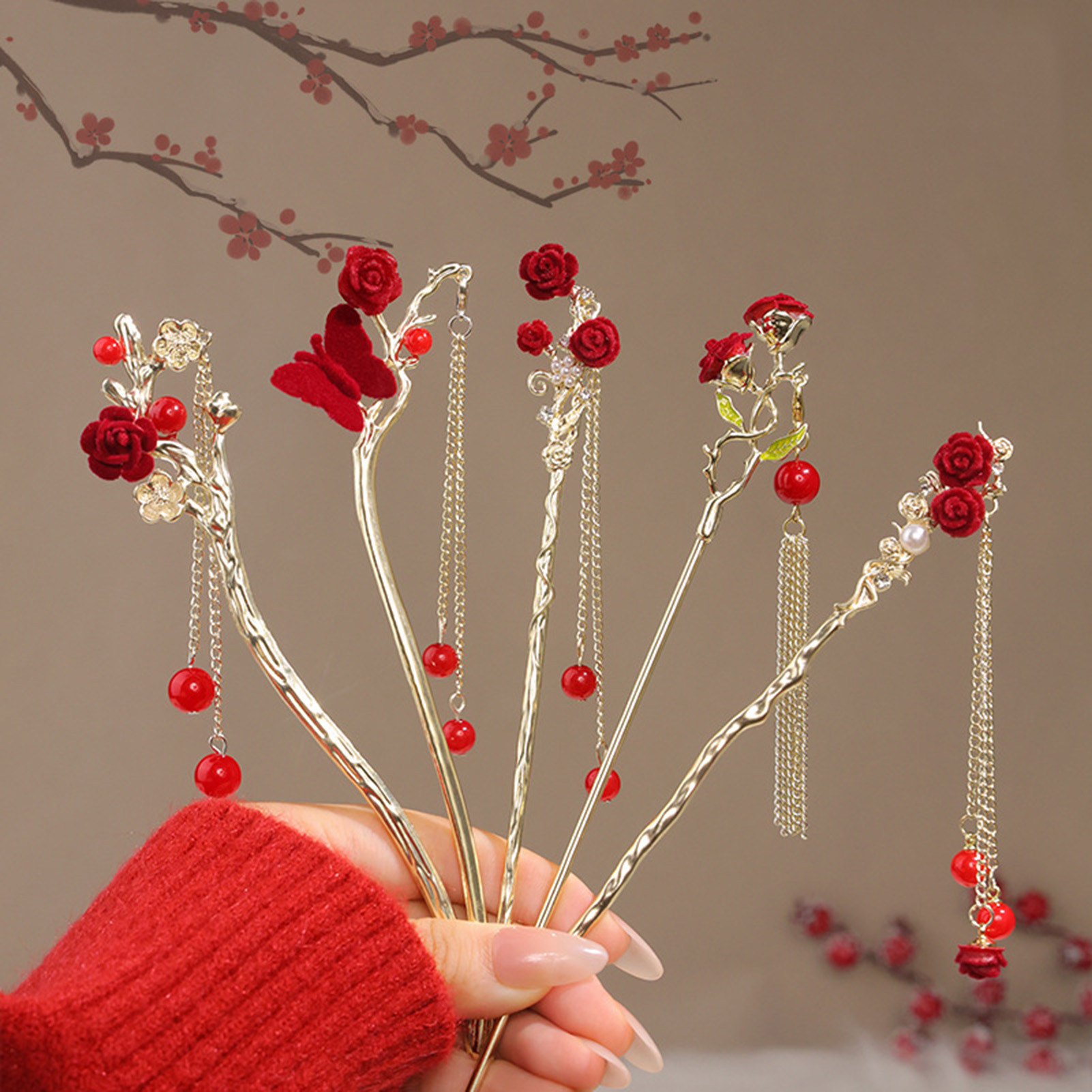 중국 스타일 장미 꽃 머리 스틱 머리핀 여성용 붉은 꽃 - Women Accessories For Hand 리뷰 및 가격