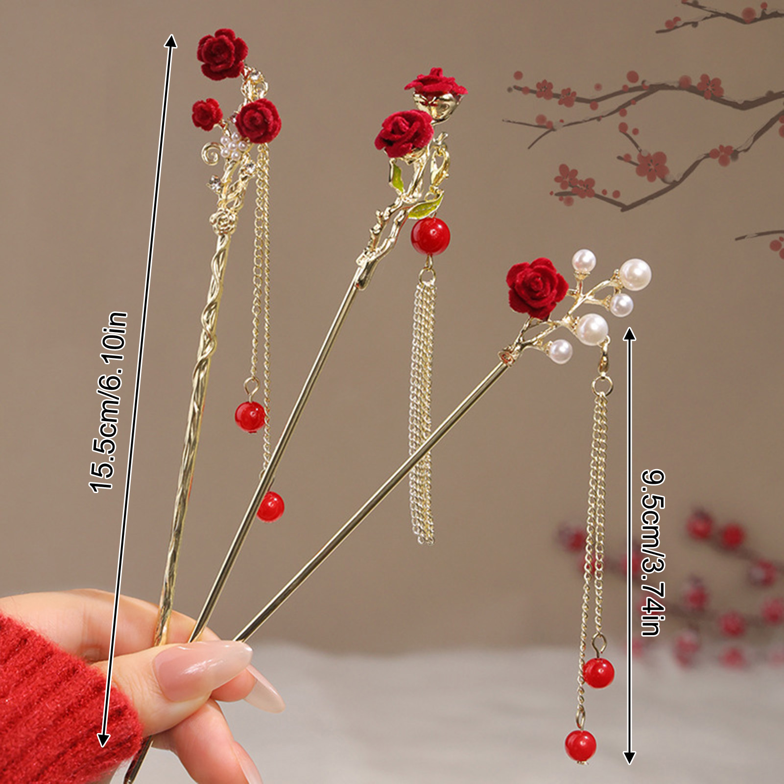 중국 스타일 장미 꽃 머리 스틱 머리핀 여성용 붉은 꽃 - Women Accessories For Hand 리뷰 및 가격